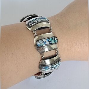 Vintage 60s Boho Sterling Silver Fire Opal Mosaic Chunky Chain Link Bracelet